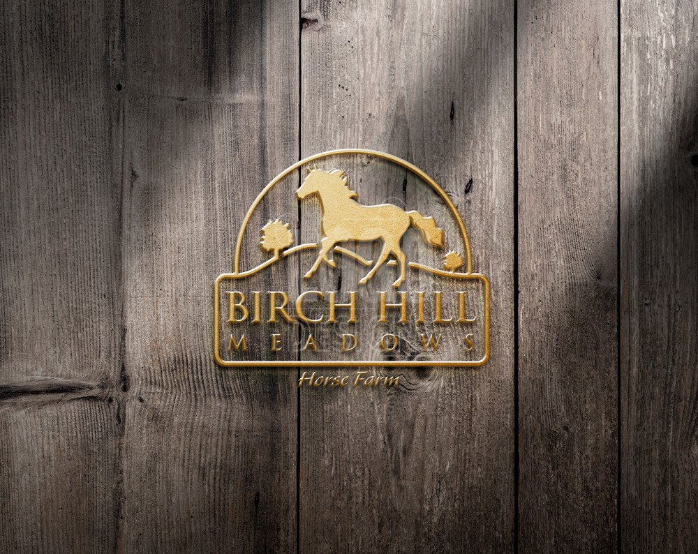horse farm logo design displayed on wood