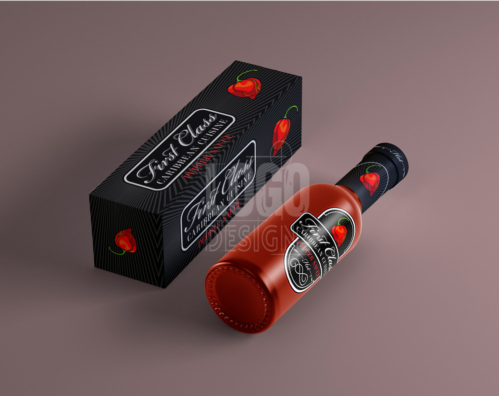pepper sauce logo design displayed on box, and bottle