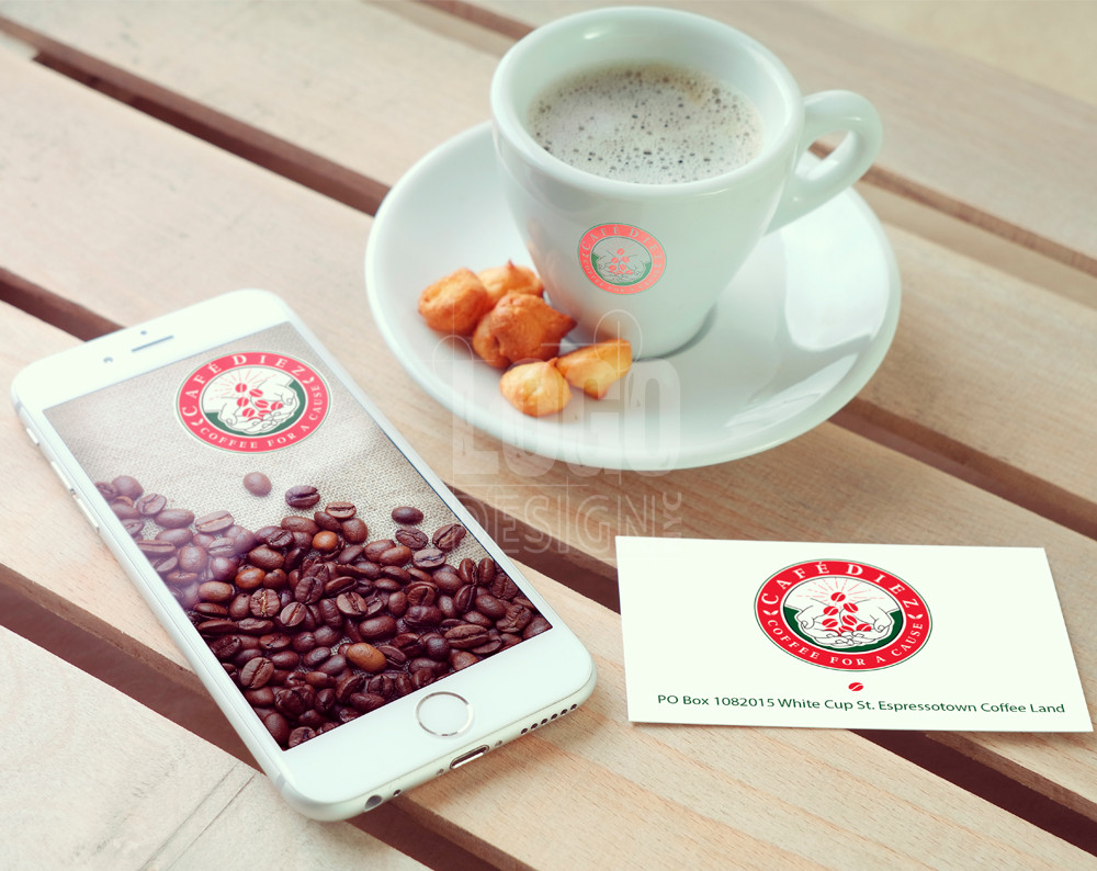 cafe logo design displayed on a cell phone screen, business card, and cup
