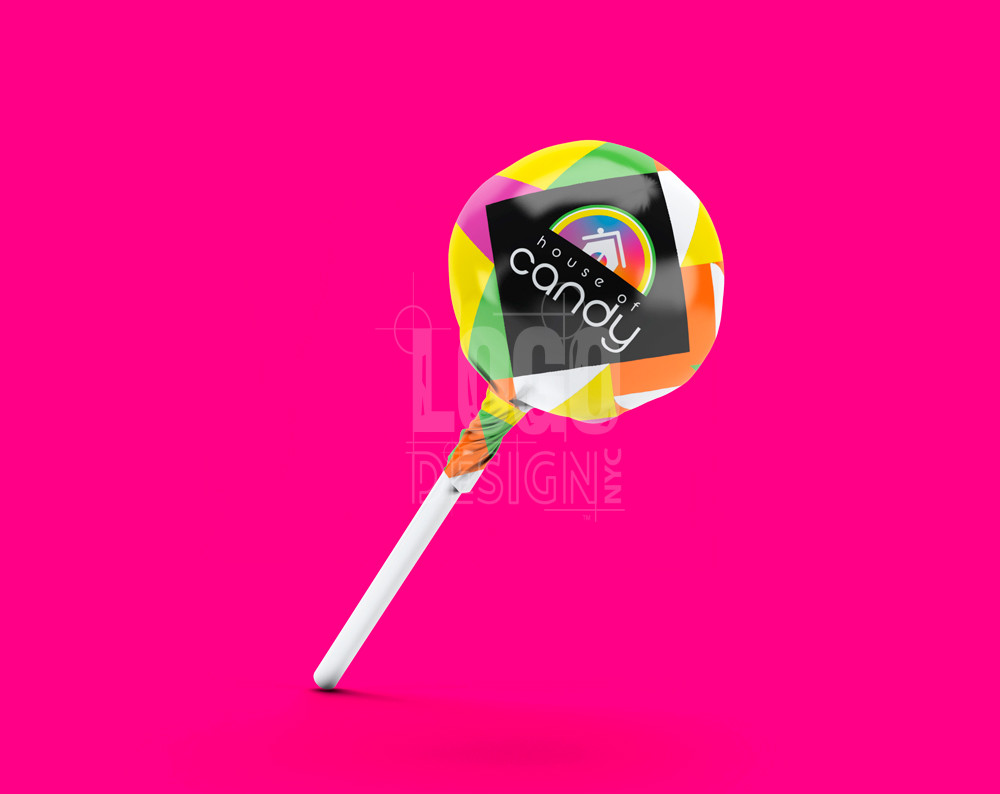 candy store logo design displayed on a lollipop wrapper