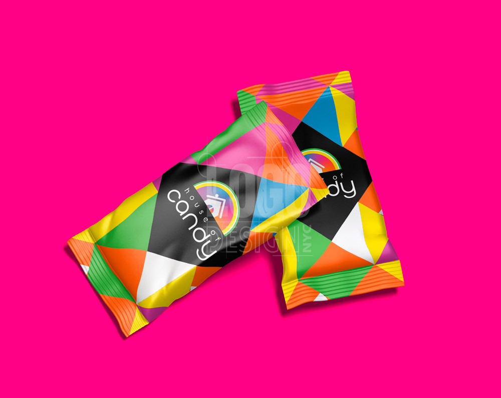 candy store logo design displayed on candy wrappers