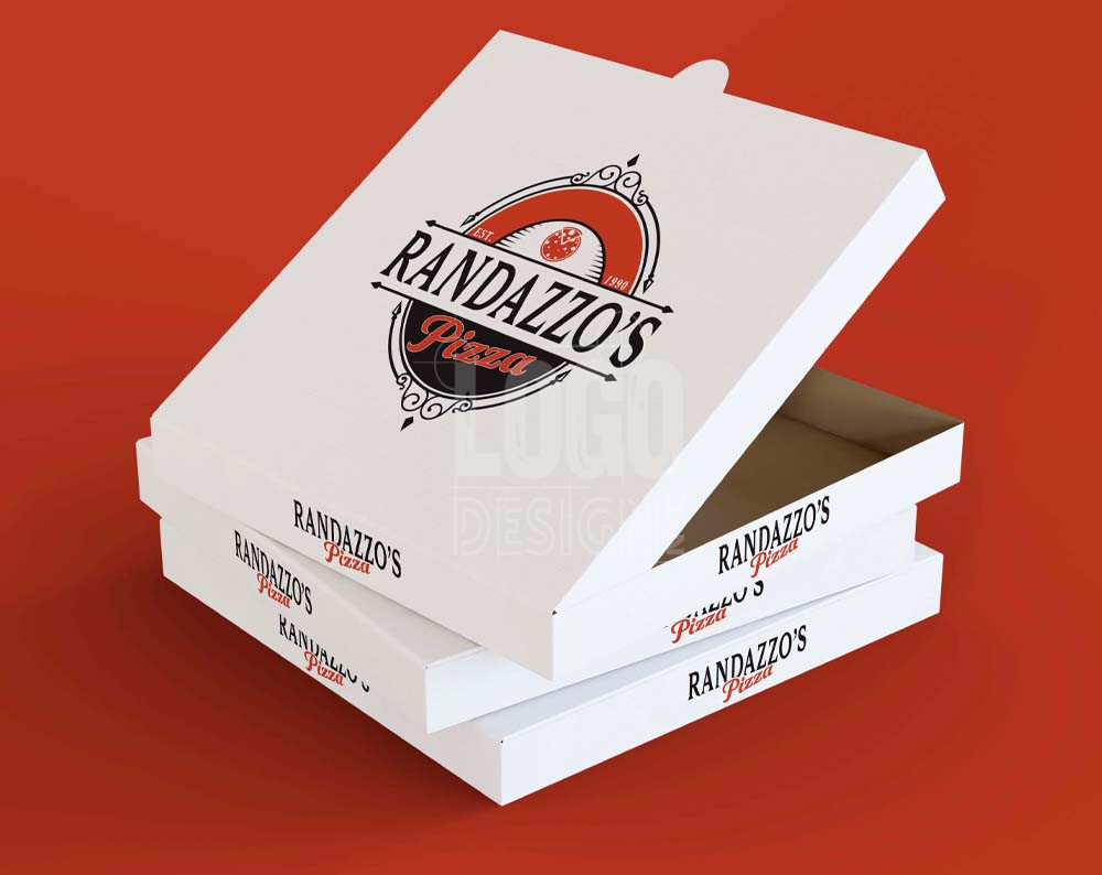 pizza shop logo design displayed on pizza boxes