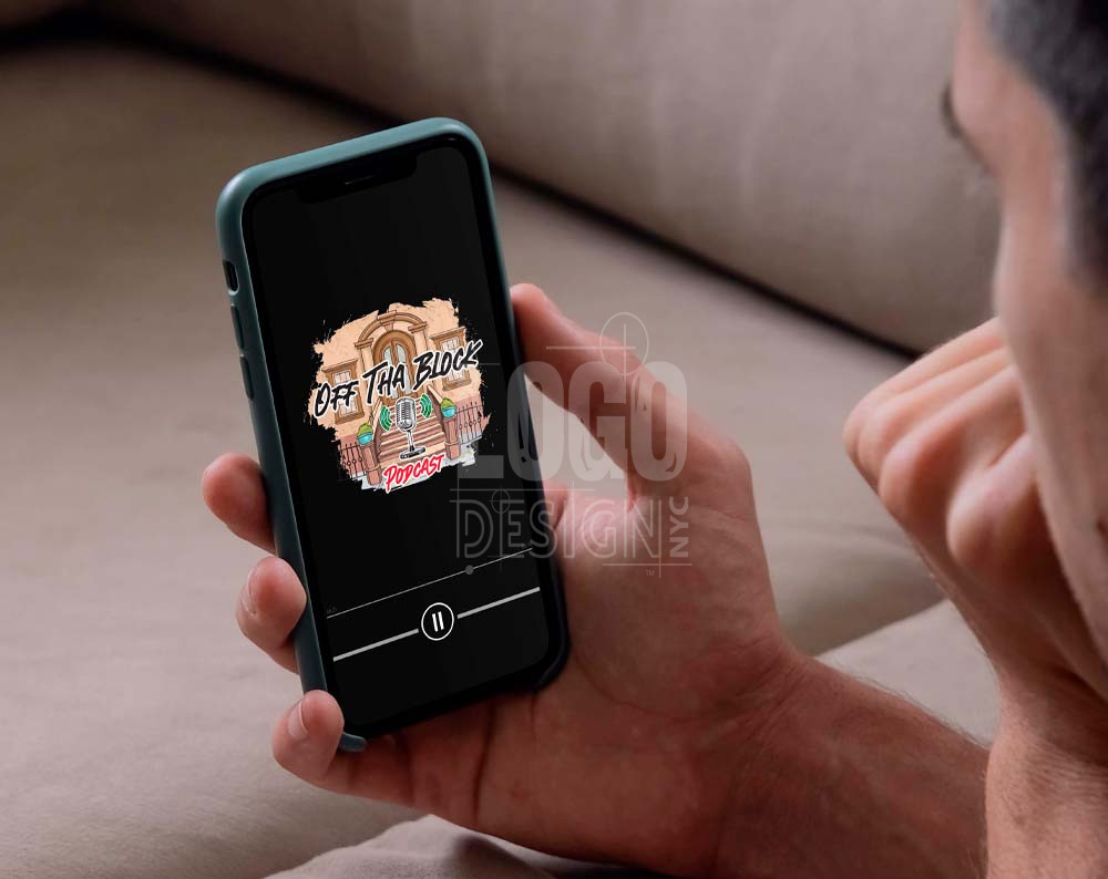 podcast logo design displayed on a cell phone screen