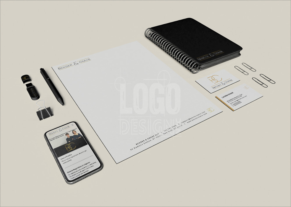 Law firm branding displayed on multiple objects