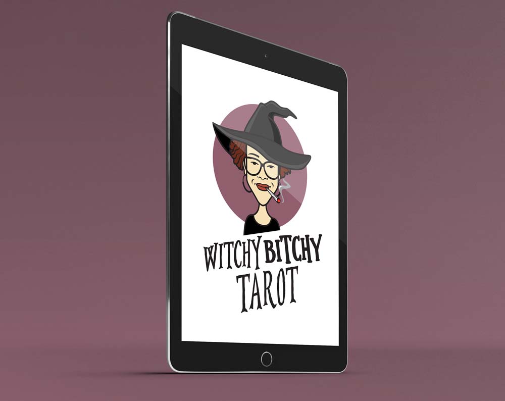 tarot card logo design displayed on a tablet screen