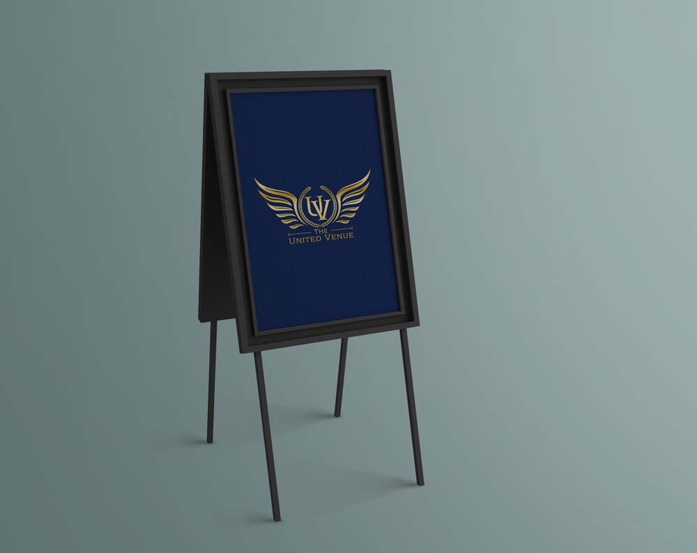 venue logo design displayed on a poster stand