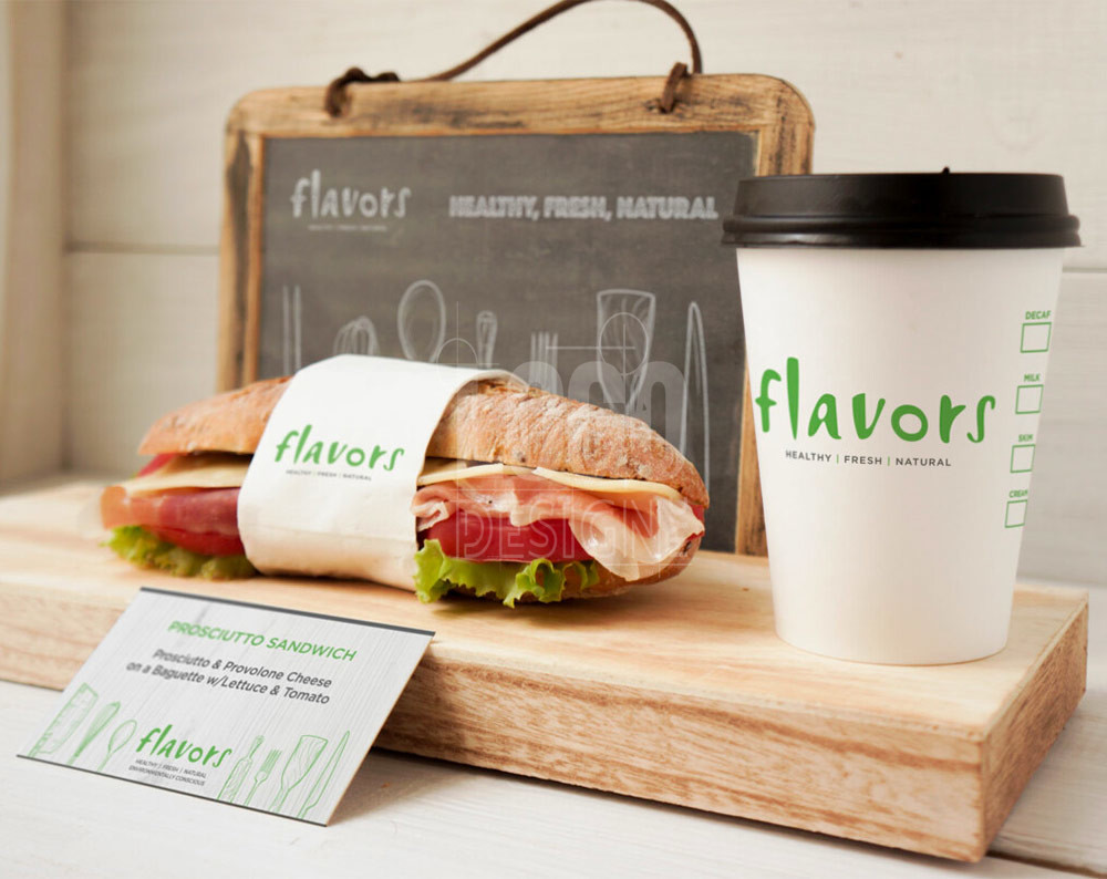 restaurant branding logo design displayed on a business card, paper cup and food wrap