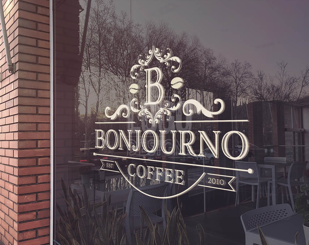 Coffee logo design displayed on a window