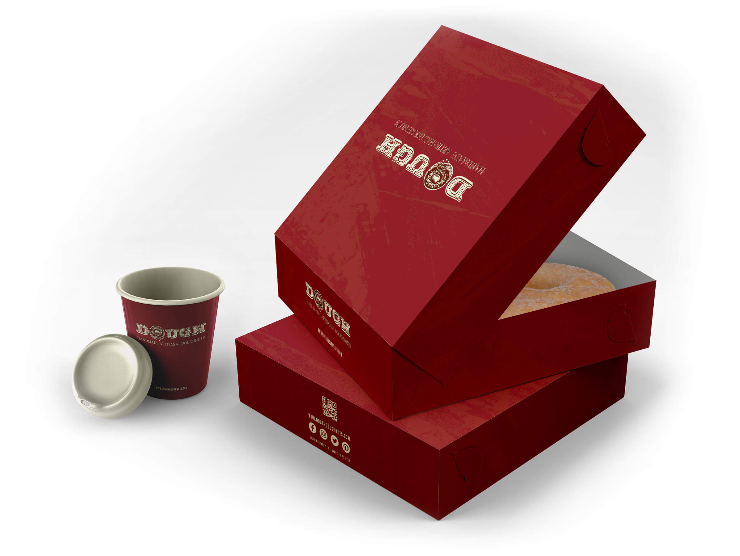 Doughnut logo design displayed on box and coffee cup
