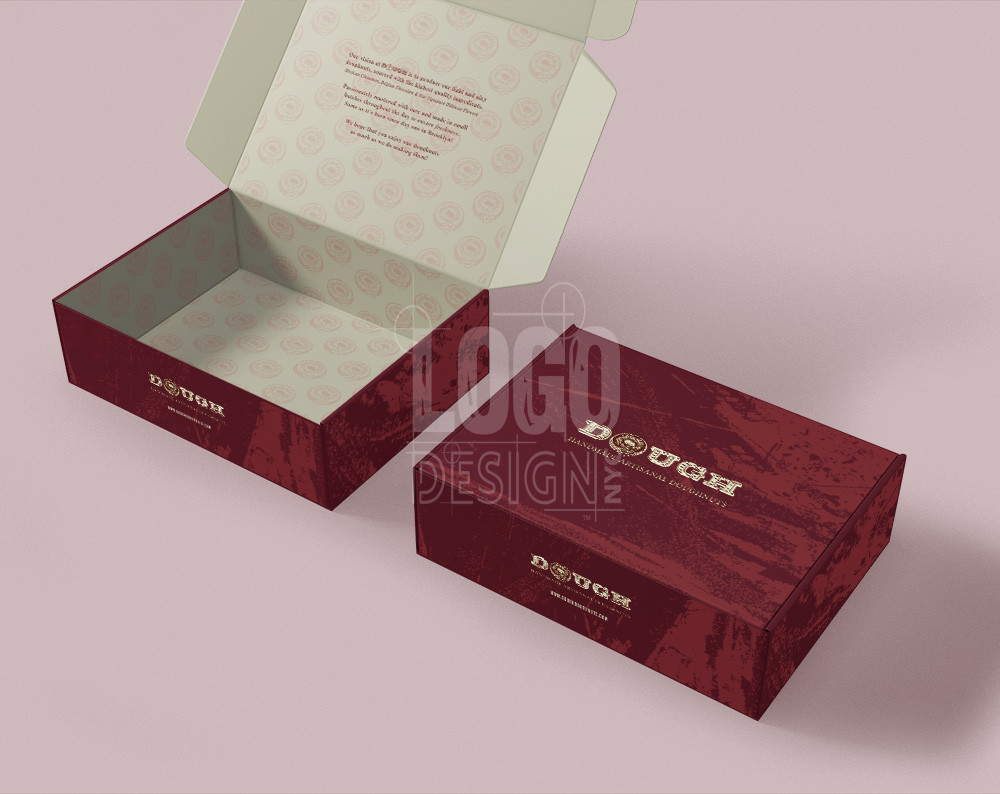 Doughnut Shop Packaging Design for the brand Dough Doughnuts in NYC featuring a maroon donut box with a dough colored logo that uses a donut as the letter o.