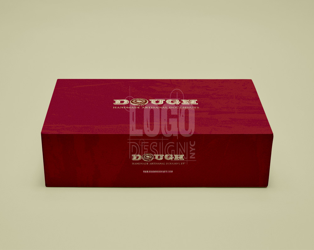 doughnut shop box branding featuring maroon doughnut box with dough colored lettering and a donut for the O in the logo of Dough Donuts