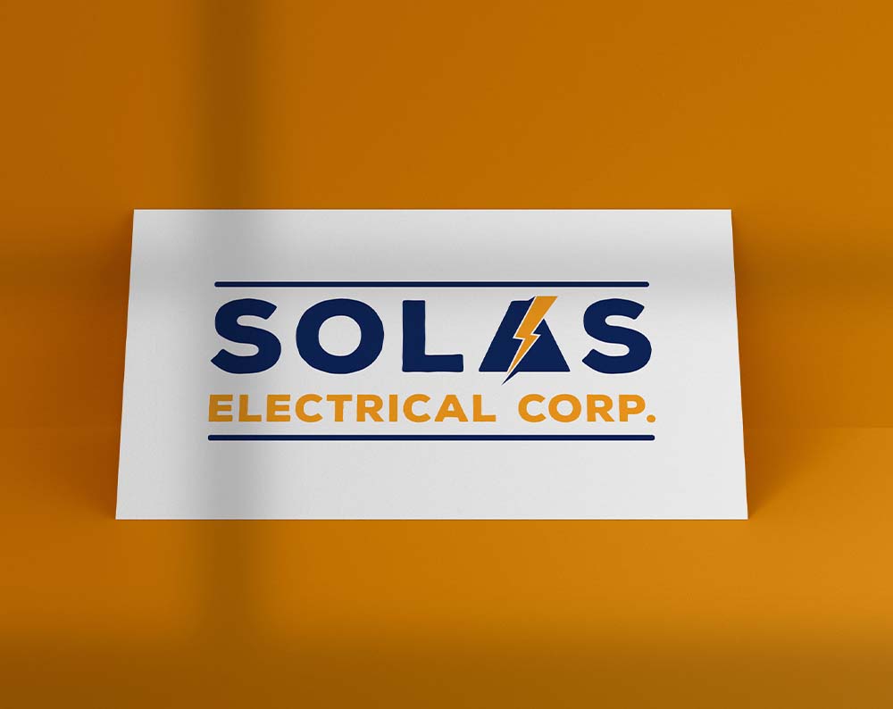 Wordmark Logo Design for an Electrical Contractor Featuring a golden lightening bolt on dark blue lettering against a white background