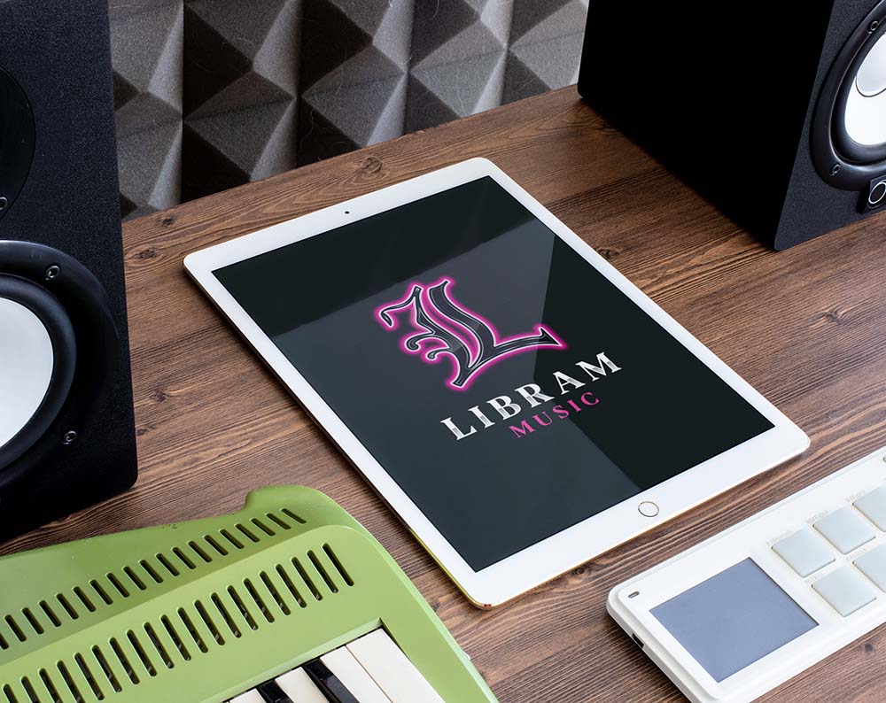 music logo design displayed on a tablet screen