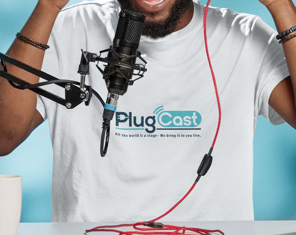 podcast logo design displayed on a shirt
