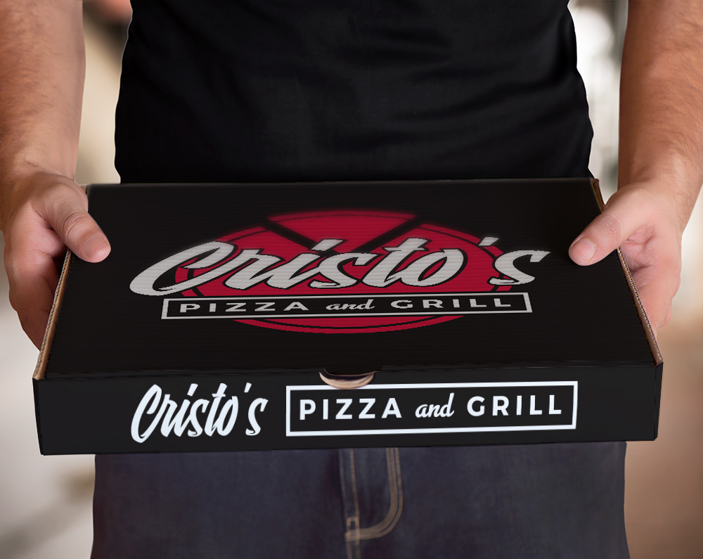 pizza shop logo design displayed on a pizza box