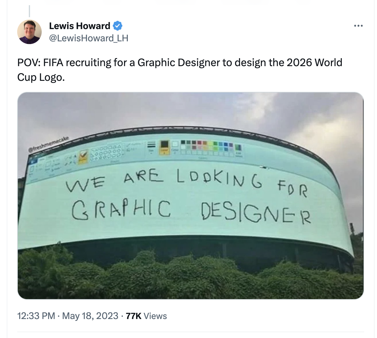 FIFA 2026 Logo Disaster Best Tweets: Stadium with poor handwriting saying "We are looking for graphic designers"