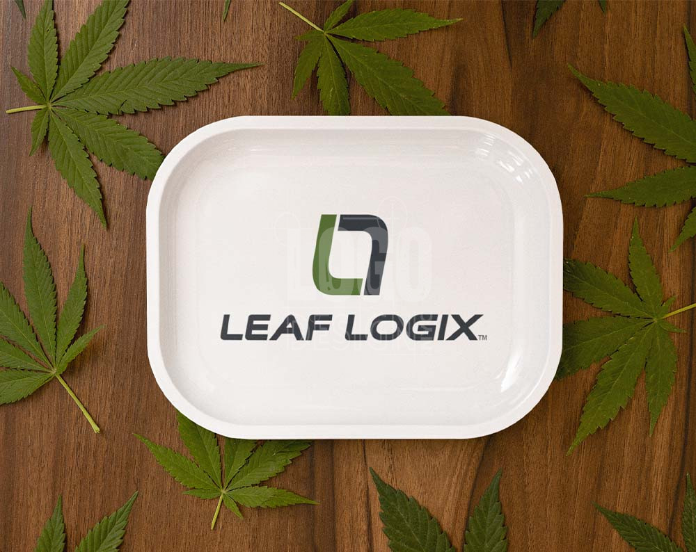 Cannabis logo design displayed on a tray