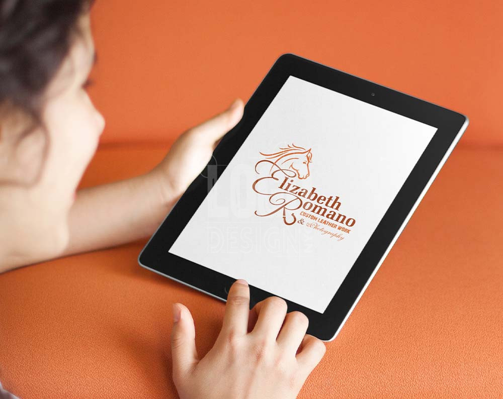 Fashion logo design displayed on tablet screen