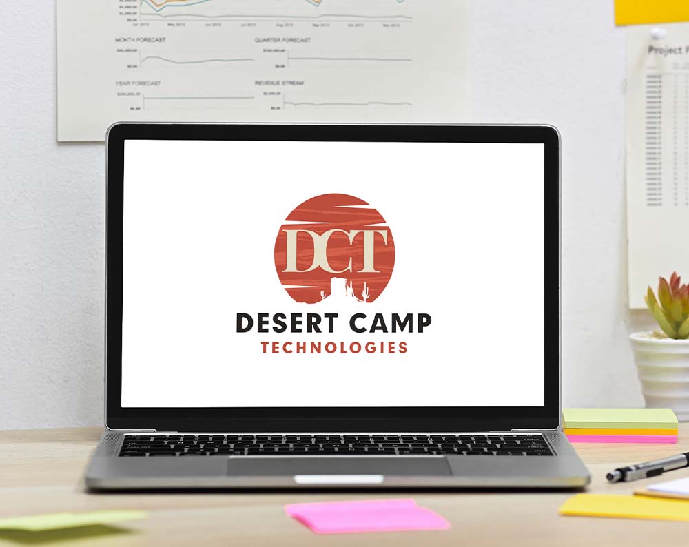 Tech logo design displayed on a lap top screen