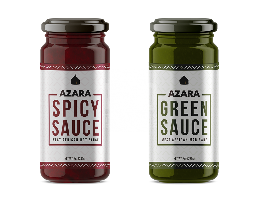Sauce Label Design displayed on bottles
